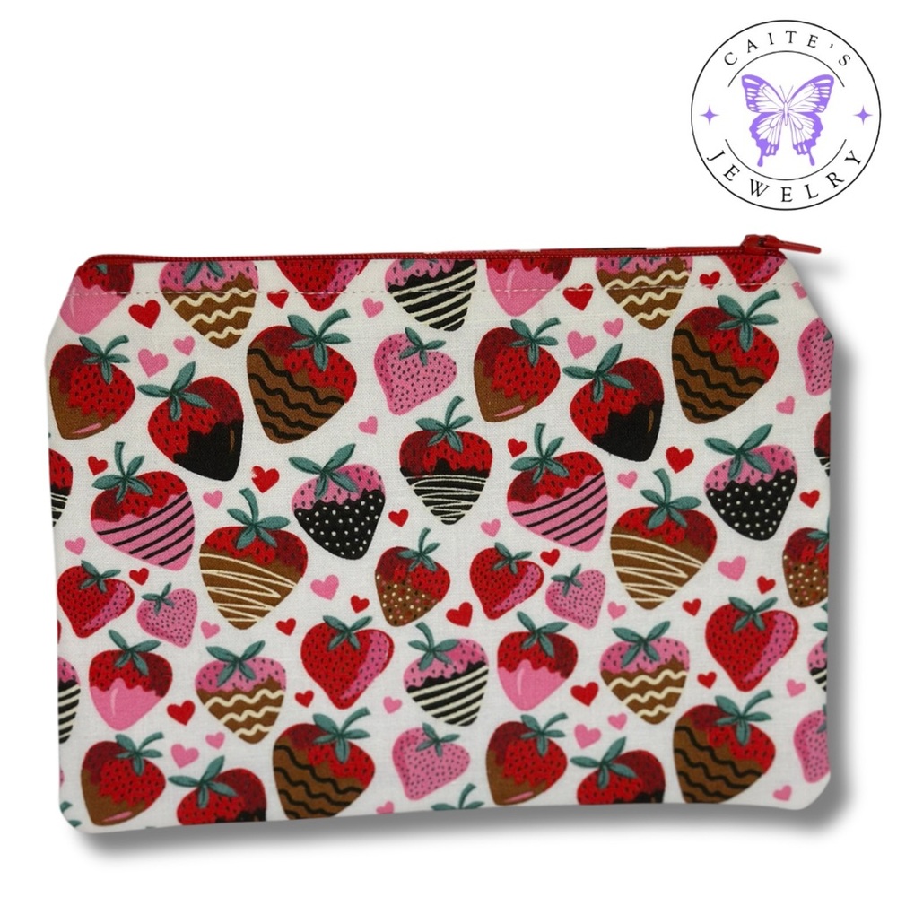Handmade Zipper Pouch with a Chocolate Covered Strawberries Fabric